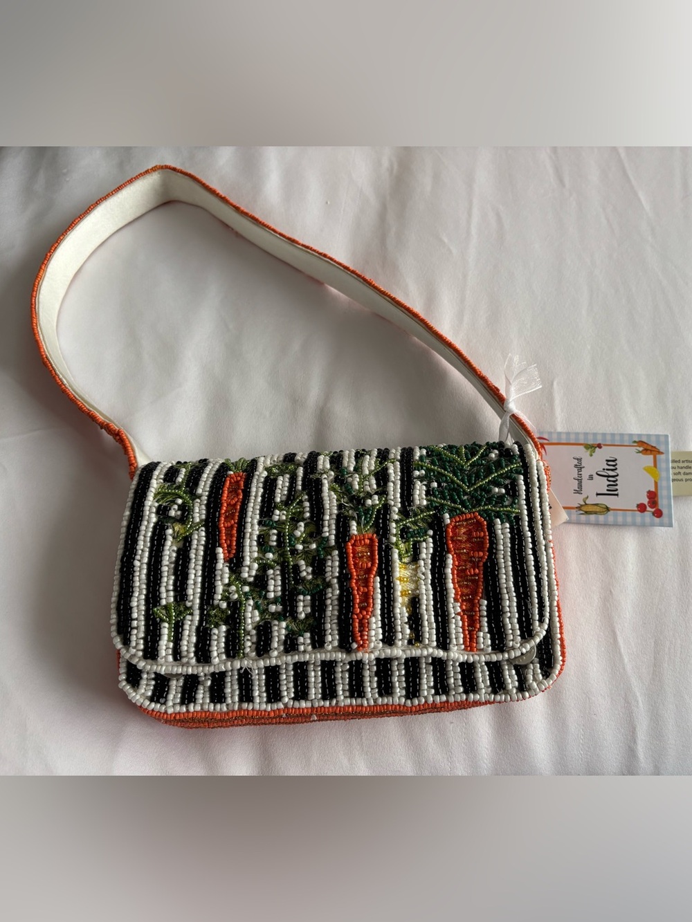 Beaded Carrot Shoulder Bag in Orange, Black & White